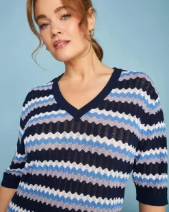 Maglia scollo a V in filato di misto viscosa traforata con motivo chev