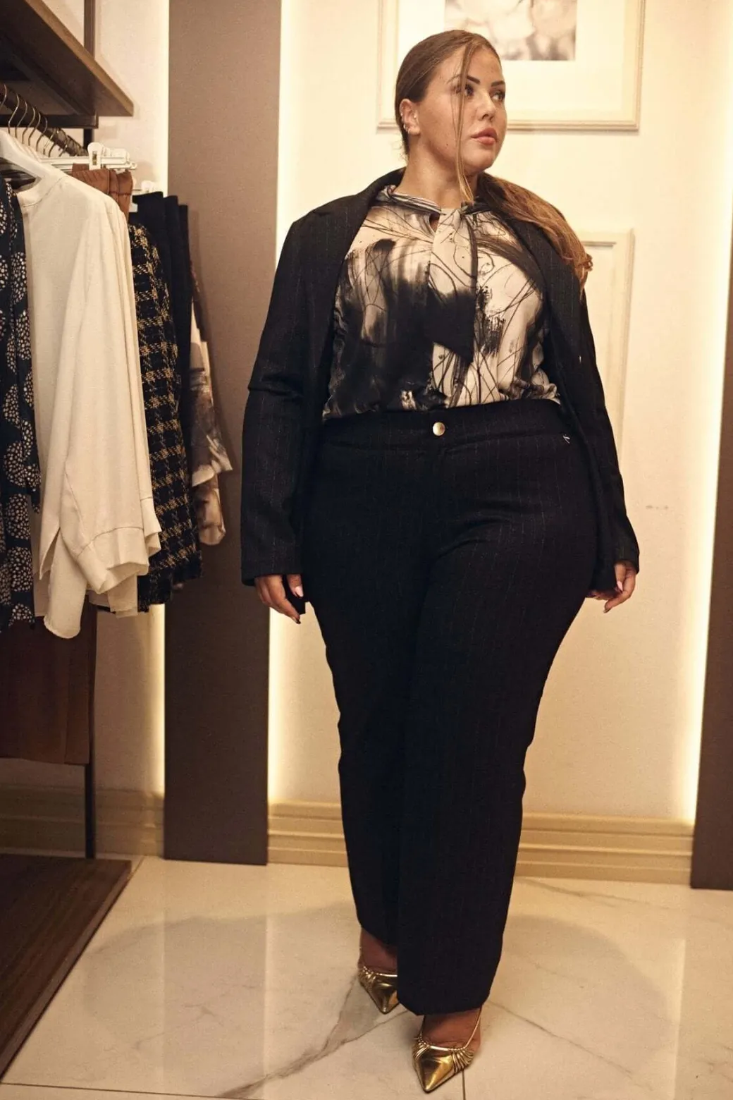 Pantalone a gamba dritta in essuto gessato lurex NERO-ORO