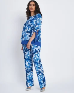 Pantalone straigh fit in cady a fantasia BLU CHINA