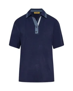 Polo in jersey di viscosa elasticizzata con inserti stampa pois BLU