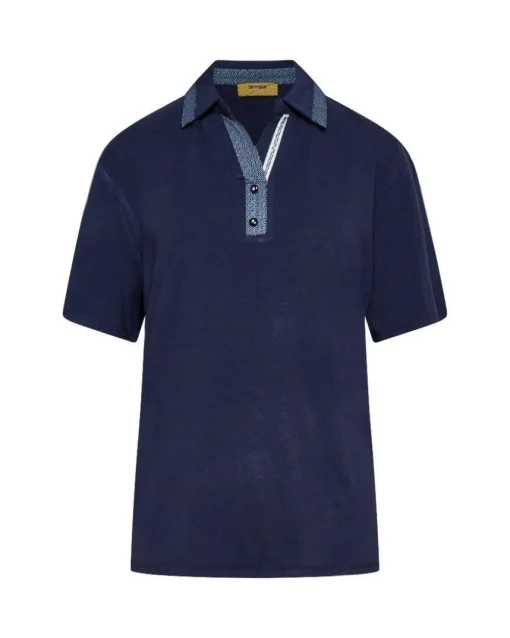 Polo in jersey di viscosa elasticizzata con inserti stampa pois BLU