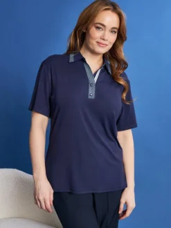 Polo in jersey di viscosa elasticizzata con inserti stampa pois BLU