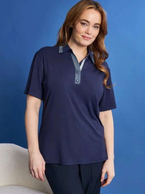 Polo in jersey di viscosa elasticizzata con inserti stampa pois BLU
