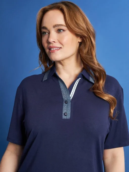 Polo in jersey di viscosa elasticizzata con inserti stampa pois BLU