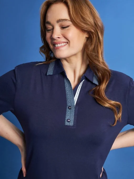 Polo in jersey di viscosa elasticizzata con inserti stampa pois BLU
