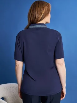 Polo in jersey di viscosa elasticizzata con inserti stampa pois BLU