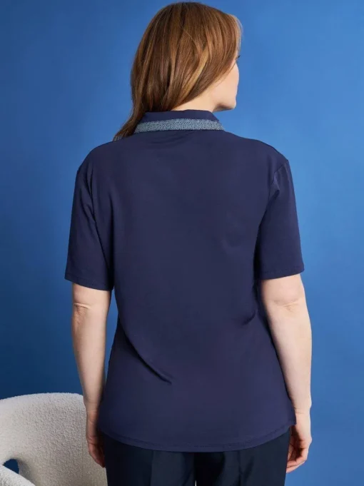 Polo in jersey di viscosa elasticizzata con inserti stampa pois BLU
