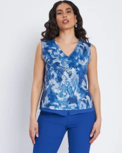 Top con inserto a fantasia e paillettes BLU CHINA