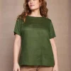 T-shirt combinata in lino e jersey melange con scollo a barca e tasca