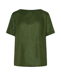 T-shirt combinata in lino e jersey melange con scollo a barca e tasca
