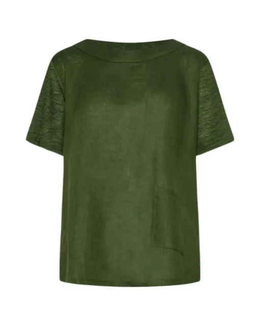 T-shirt combinata in lino e jersey melange con scollo a barca e tasca