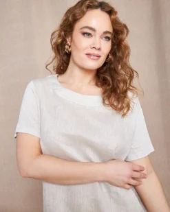 T-shirt combinata in lino e jersey melange con scollo a barca e tasca