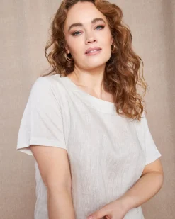 T-shirt combinata in lino e jersey melange con scollo a barca e tasca