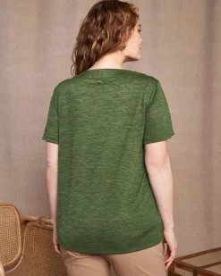 T-shirt combinata in lino e jersey melange con scollo a barca e tasca