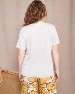 T-shirt combinata in lino e jersey melange con scollo a barca e tasca