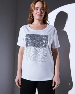 T-shirt in jersey di cotone elasticizzato con applicazioni di paillett