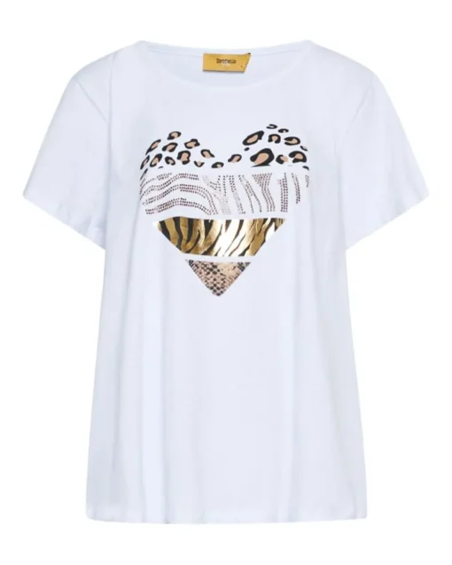 T-shirt in jersey di cotone elasticizzato con stampa cuore mix BIANCO