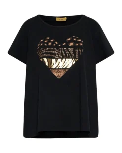 T-shirt in jersey di cotone elasticizzato con stampa cuore mix NERO