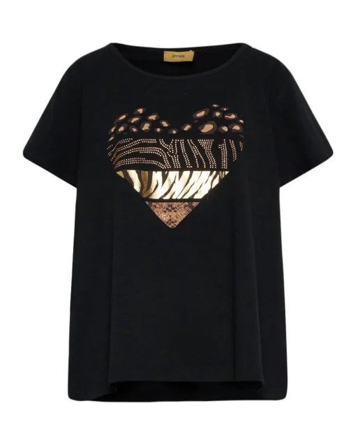 T-shirt in jersey di cotone elasticizzato con stampa cuore mix NERO