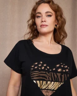 T-shirt in jersey di cotone elasticizzato con stampa cuore mix NERO
