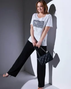 T-shirt in jersey di cotone elasticizzato con applicazioni di paillett