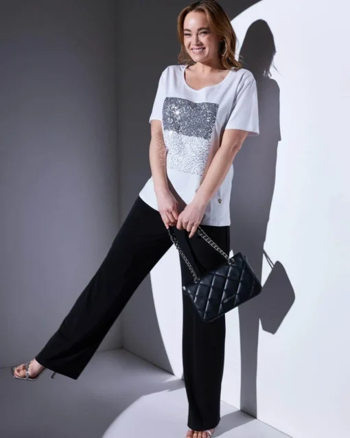 T-shirt in jersey di cotone elasticizzato con applicazioni di paillett