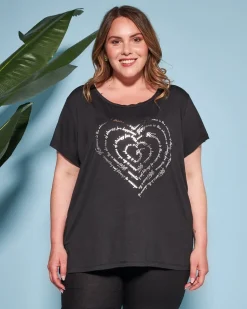 T-shirt in jersey di viscosa elasticizzata con stampa cuore NERO