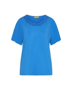 T-shirt in jersey di viscosa elasticizzata con applicazioni di strass