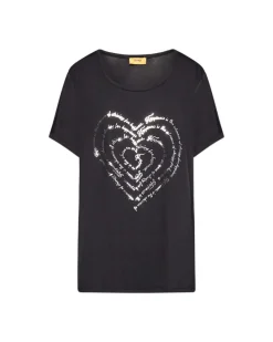 T-shirt in jersey di viscosa elasticizzata con stampa cuore NERO