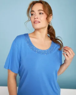 T-shirt in jersey di viscosa elasticizzata con applicazioni di strass