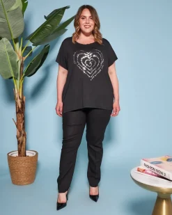 T-shirt in jersey di viscosa elasticizzata con stampa cuore NERO