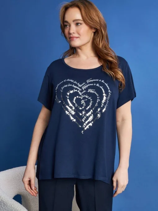 T-shirt in jersey di viscosa elasticizzata con stampa cuore BLU