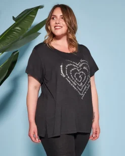 T-shirt in jersey di viscosa elasticizzata con stampa cuore NERO