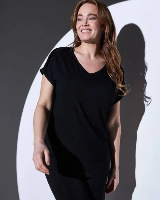 T-shirt kimono in jersey di viscosa elasticizzata con paillettes sulle
